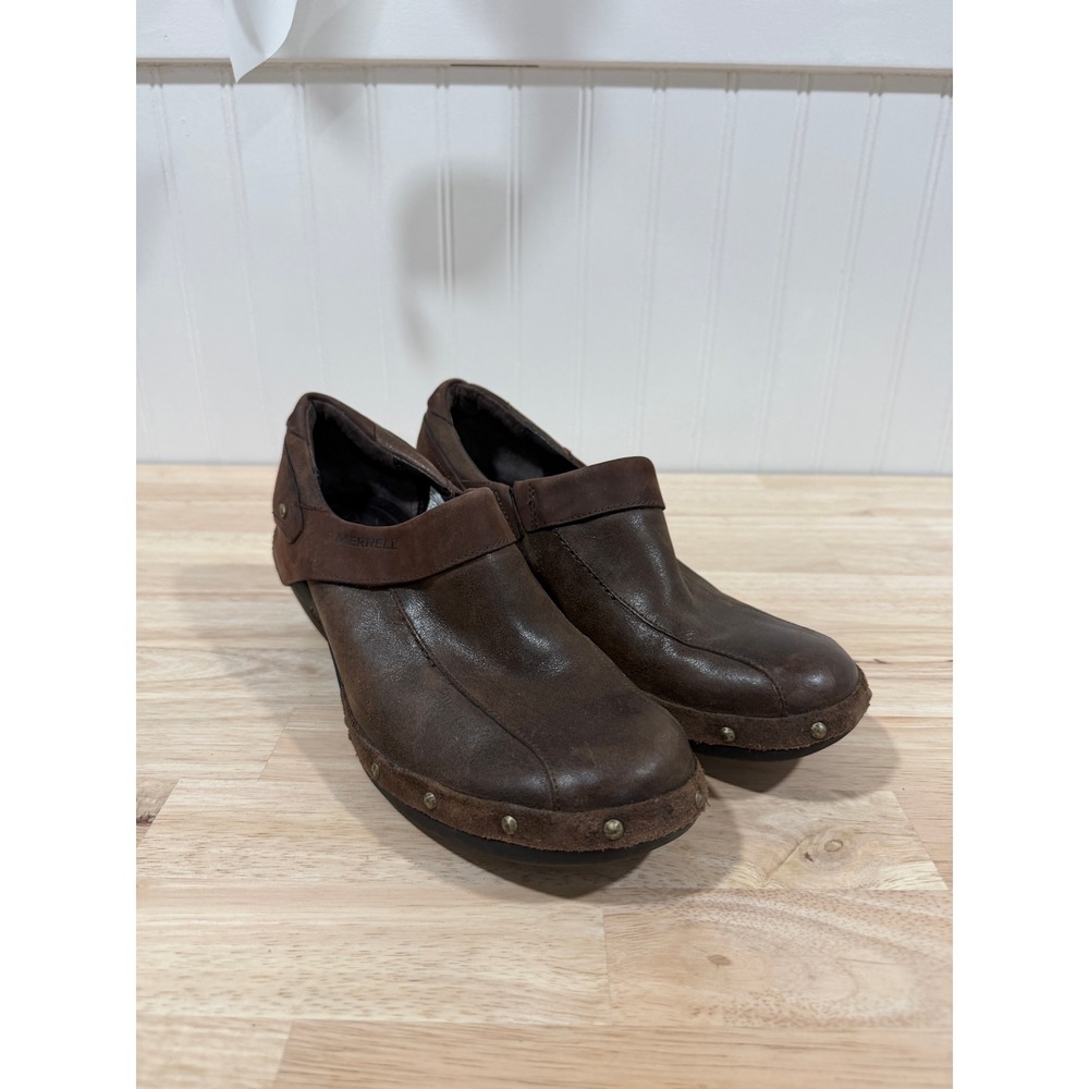 Merrell Slip On Clogs Leather Espresso Brown Western Studded Women Size 9.5